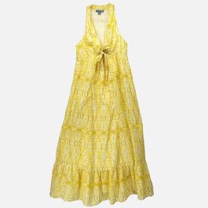 Anthropologie Dress 10 LIL Silk Cotton Tiered Flouncy MAXI Lined Ikat V-Neck